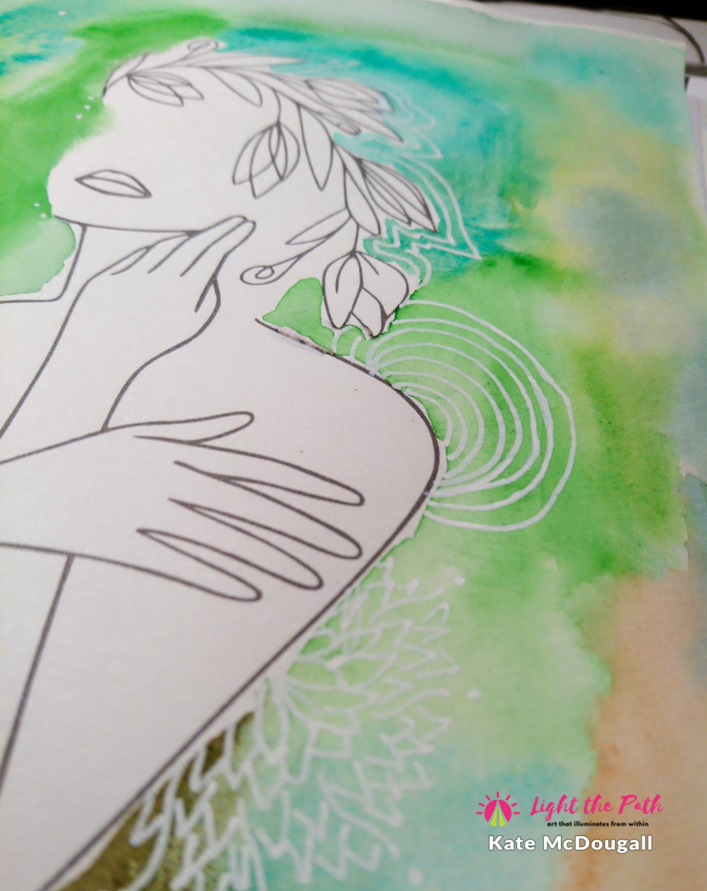 An up close image of a watercolour and line art journal page.