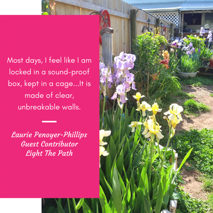"The Invisible Woman" "Most days, I feel like I am locked in a sound-proof box, kept in a cage...It is made of clear, unbreakable walls. I feel like a lizard or a fish kept in a tank...expected to live and thrive within these four, hard, unyielding corners. To be content with My imposed confinement, without interaction. Without meaning or purpose. I can see the outside world from inside my box...but I cannot reach it. I am not permitted to touch it. It doesn't see me. It doesn't hear me. I may only observe and occupy my space, never interact. Never be free. I am trapped inside my cage, pounding desperately on the walls, begging to be let out....but everyone keeps right on going, walking right past me. They don't hear me. They don't see me. They don't care. I am slowly suffocating....and no one comes to my rescue. I can't breathe! I am dying. I am screaming at the top of lungs for someone to help me....but no one does. No one comes. This box is slowly shrinking! The walls are closing in on me...It is crushing me! I am slowly being forced not to exist. Forced into silence. Forced to accept my fate. My voice fades. The air is quite literally being sucked out of the box...my life, caught in a vacuum. Finally, to weak and helpless to go on pleading to survive, I just give up and let it go. Each breath laborious. Hope fading. Finally, I collapse in the corner, alone, afraid, and weeping, resigned to wait for death to take me from my prison of suffering....It is my only hope of escape! I am condemned to die by apathy. I stare through the glass at everyone else, still walking past....They go on with their lives, oblivious. They speak. They laugh. They love. They dream. They achieve. And I sit there, in my box, wishing I was anyone else, but me...anywhere else, but here. Wishing someone cared. Wishing someone heard. Wishing to be seen. Wasted, ignored, and deprived...Invisible." - Laurie Penoyer-Phillips