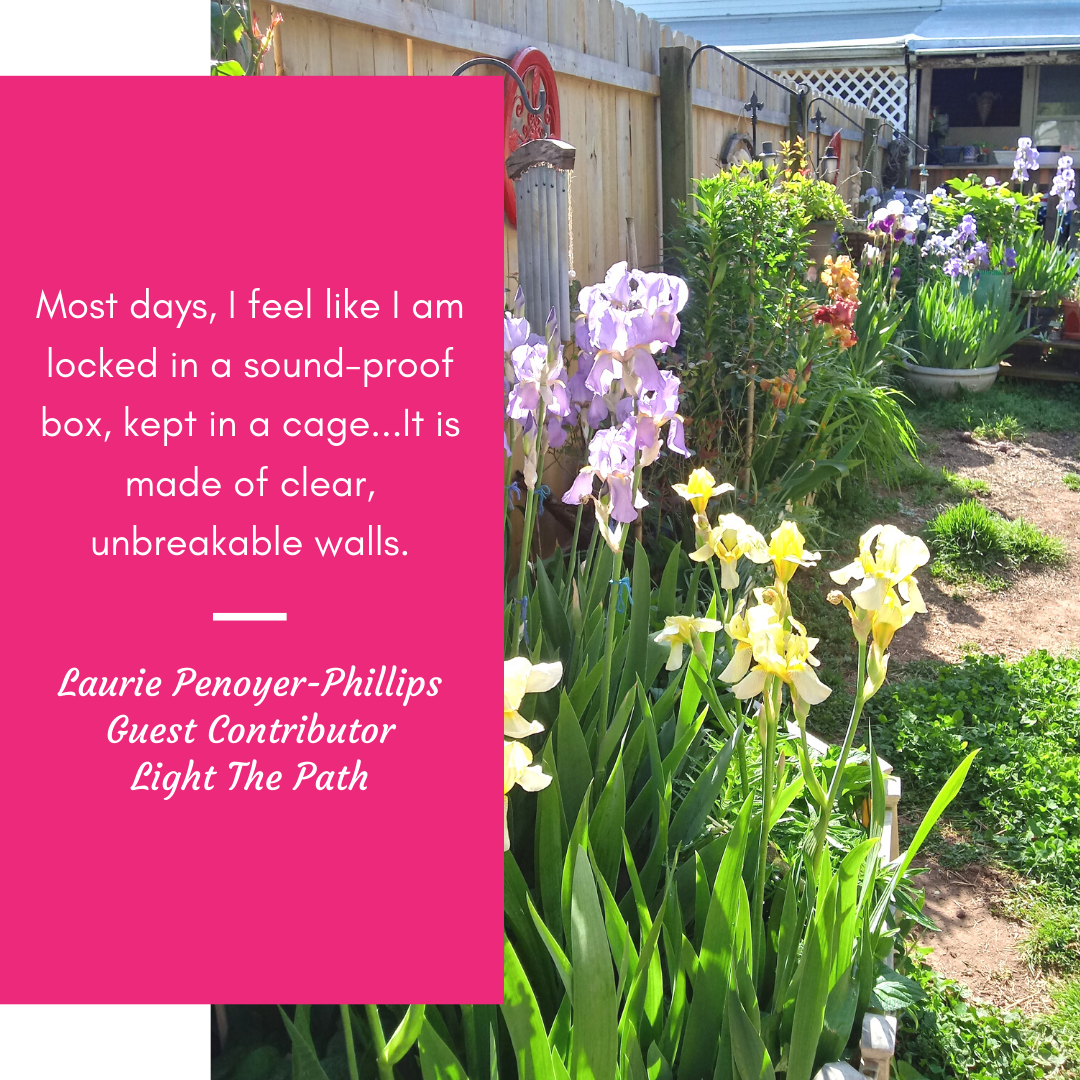 "The Invisible Woman" "Most days, I feel like I am locked in a sound-proof box, kept in a cage...It is made of clear, unbreakable walls. I feel like a lizard or a fish kept in a tank...expected to live and thrive within these four, hard, unyielding corners. To be content with My imposed confinement, without interaction. Without meaning or purpose. I can see the outside world from inside my box...but I cannot reach it. I am not permitted to touch it. It doesn't see me. It doesn't hear me. I may only observe and occupy my space, never interact. Never be free. I am trapped inside my cage, pounding desperately on the walls, begging to be let out....but everyone keeps right on going, walking right past me. They don't hear me. They don't see me. They don't care. I am slowly suffocating....and no one comes to my rescue. I can't breathe! I am dying. I am screaming at the top of lungs for someone to help me....but no one does. No one comes. This box is slowly shrinking! The walls are closing in on me...It is crushing me! I am slowly being forced not to exist. Forced into silence. Forced to accept my fate. My voice fades. The air is quite literally being sucked out of the box...my life, caught in a vacuum. Finally, to weak and helpless to go on pleading to survive, I just give up and let it go. Each breath laborious. Hope fading. Finally, I collapse in the corner, alone, afraid, and weeping, resigned to wait for death to take me from my prison of suffering....It is my only hope of escape! I am condemned to die by apathy. I stare through the glass at everyone else, still walking past....They go on with their lives, oblivious. They speak. They laugh. They love. They dream. They achieve. And I sit there, in my box, wishing I was anyone else, but me...anywhere else, but here. Wishing someone cared. Wishing someone heard. Wishing to be seen. Wasted, ignored, and deprived...Invisible." - Laurie Penoyer-Phillips